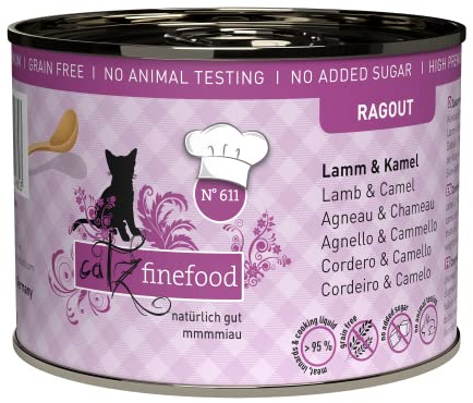 catz finefood Ragout N° 611, lamm & kamel, kattmat, våt mat för katter i sås utan spannmål och socker med hög kötthalt, 6 x 190 g burk