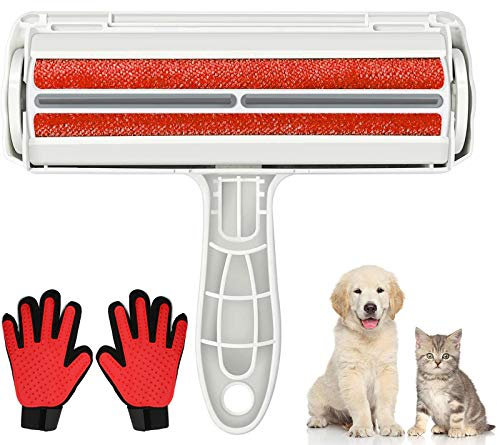Tierhaarentferner, Fellpflege-Handschuhe, Bürste für Katzen und Hunde, Tierhaarrolle, Fusselroller-Entferner mit selbstreinigender Fusselbürste, zur Entfernung von Haustierfell von Kleidung, Teppich,