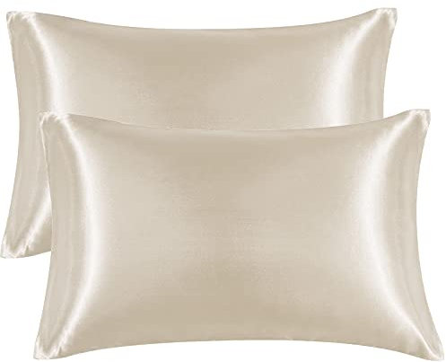 EHEYCIGA Satin Pillow Cases 2 Pack Beige, Silky Pillowcases for hair and skin with Envelope Closure, Standard Size, 50x75 cm