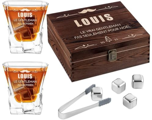 Maverton Pierres à Whisky & 2 Verres Gravés, Verre a Whisky de 250 ML | Boîte Personnalisée en Bois, Cadeau Homme, Cadeau Personnalisé, Cadeaux Noel pour Vos Proches, Gentleman