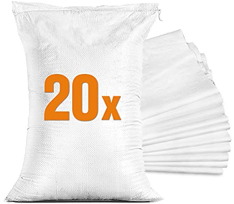TK Thermalking 20 x sandsäckar för översvämningar – sandsäck tom med dragband för fyllning – högvattenskydd källarfönster – PP-tygpåse vit (40 x 60 cm)