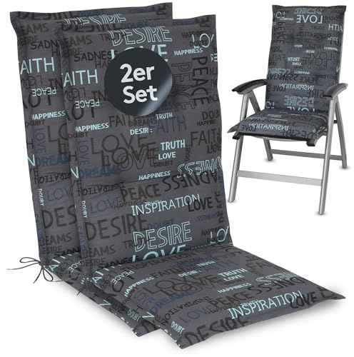LILENO HOME Gartenstuhl Auflagen als [2er Set - Hochlehner] in Letters | Anthrazit - bequeme Liegen als Sitzauflagen für Gartenmöbel - Stuhlkissen für Gartenstühle und Klappstühle