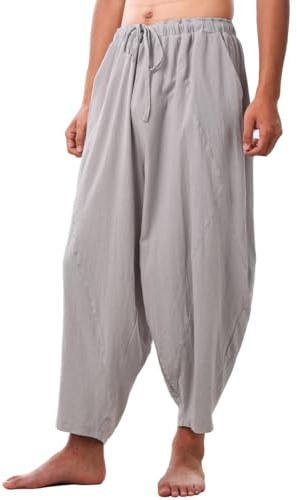 COSDREAMER Pantaloni Larghi da Uomo Harem con Coulisse Casual in Cotone e Lino Yoga Pantaloni da Spiaggia (S, Grigio)
