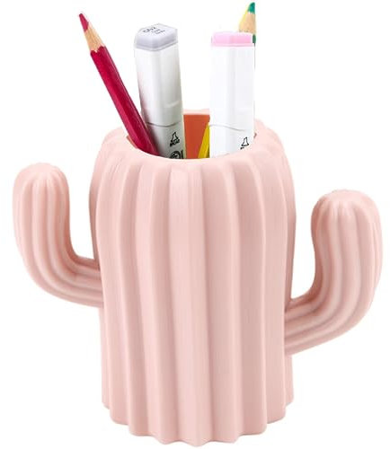 XFLYP Bleistiftbehälter Organizer, Stifthalter, Make-up Pinselhalter, Kunststoff Creative Funny Cactus Shape Pen Cup Pen Box für Schreibtisch, Bürobedarf, Waschbecken (Rosa)