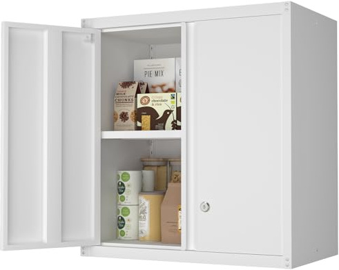 GREATMEET Locking Metal Wall Cabinet, Metal Storage Cabinet with 2 Shelves, Wall Mount Cabinet with Lock, Floating Garage Cabinets with Adjustable Shelf