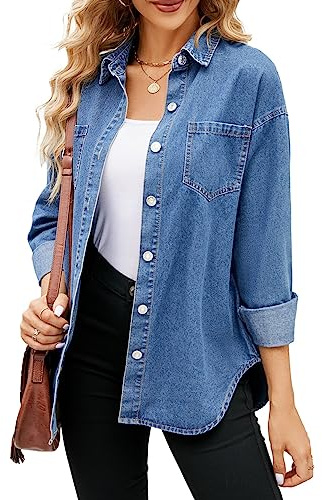 Women Denim Jacket Shacket Long Sleeve Oversize Boyfriend Jean Jacket Shirt, Blue, M