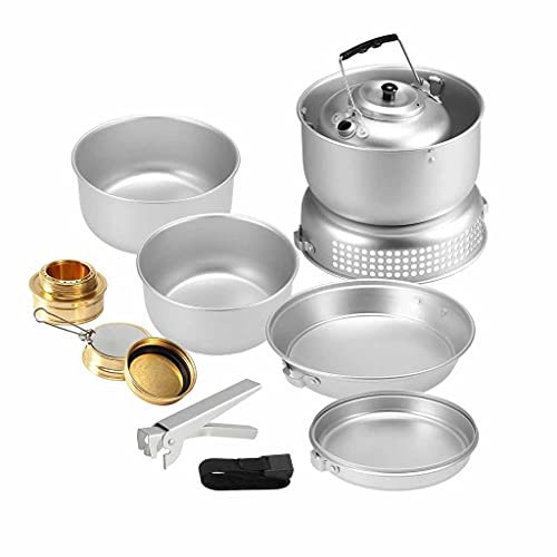 10-teiliges Campingkocher-Set, tragbares Geschirr, Teller, Töpfe, Wasserkocher, Handschrauber, Outdoor-Camping-Kochset für 2–3 Personen