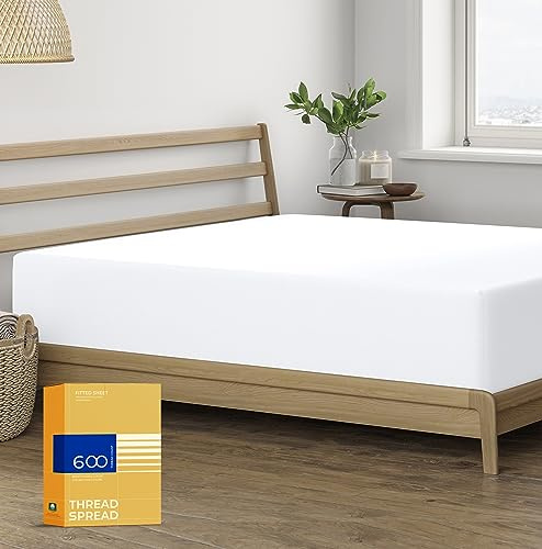 Thread Spread 100% Egyptian Cotton Fitted Sheet Twin Size - 600 Series Bliss Collection 16 Deep Pocket Twin Fitted Sheet Only (White), Soft Cooling Elastic Bottom Sheet, Fits Dorm Mattress