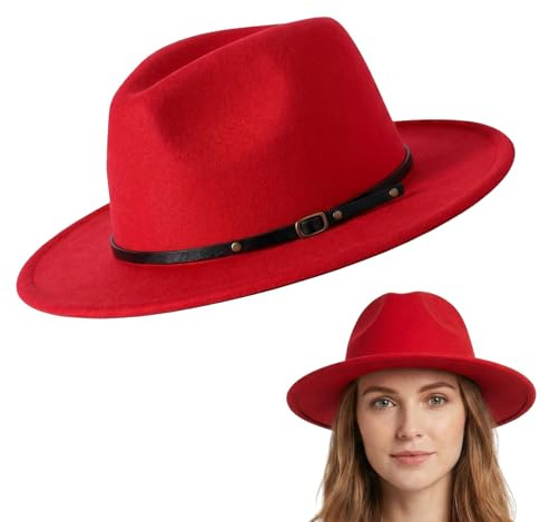 Upstore Women Classic Wool Fedora Hat with Belt Buckle Felt Wide Brim Panama Hat (Circumference 56-58cm Red)