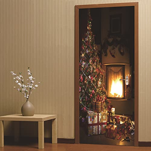 3D Türaufkleber Türtapete Selbstklebend Türposter Weihnachtlich Dekorierter Kamin 90X200Cm Fototapete Türfolie Wasserdichte Abnehmbare Pvc Türtapete Innentür Schlafzimmer Küche Bad Home Deko
