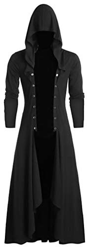 Steampunk Herren Jacke mit Kapuze, Gothic Frack Herren Mantel,Punk Umhang Herren Strickjacke Mittelalter Vintage Umhangjacke Lange Mäntel für Männer Halloween Kostüm Karneval Party Cosplay Kleidung