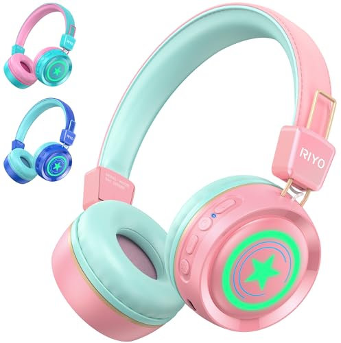 riyo Casque Bluetooth sans Fil Enfant Casque Audio Enfant avec Lumières LED Bluetooth 5.0 Stéréo Ecouteurs Enfants Limite de Volume 94dB Réglable Pliable pour École/Voyage/PC/Tablet/Kindle