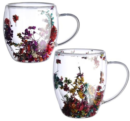Doppelwandige Kaffeetasse Mit Getrockneten Blumen - Glas-Kaffeetassen Mit Griff Für Saft, Tee Oder Kaffee