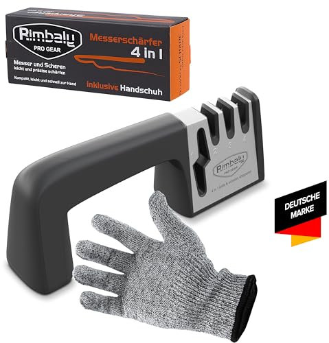 Rimbaly 4-in-1 Messerschärfer & Schleifstein – Für Küchenmesser & Scheren – Profi-Messerschleifer mit Handschuh & Anti-Rutsch-Griff – Messer schärfen leicht gemacht