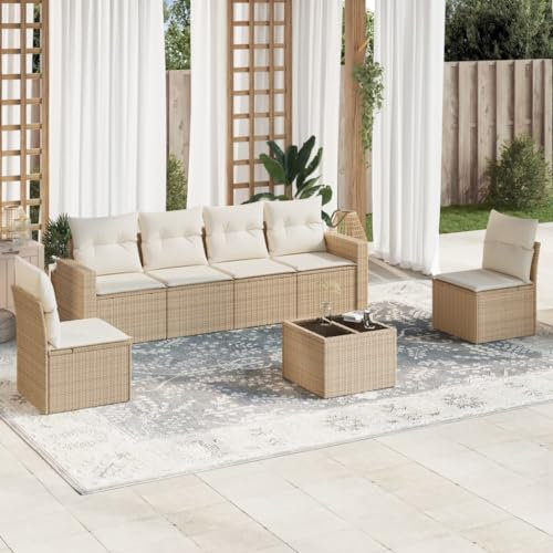 Willood 7tlg.Garten Rattan Sofa-Set mit Kissen Beige Poly RattanBeige+Cremeweiß
