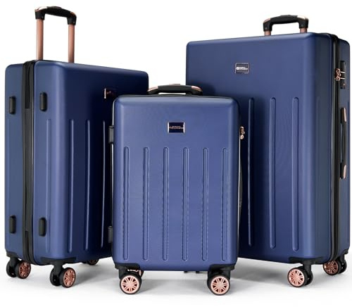 Vivo Technologies Luggage Sets 3 Piece Hard Shell ABS Suitcases with TSA Lock Lightweight Durable Trolley Travel Carry On Suitcase 3pcs Cabin with 4 Spinner Wheels, 20 24 28 Navy