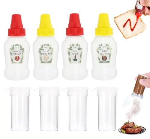 8 Stück Salzstreuer Klein, Mini Ketchup Flasche 4 Mini Salzstreuer 4 Mini Quetschflaschen Mini Saucenflasche Gewürzstreuer Camping Salz und Pfefferstreuer Salatdressing für Brotdose Bento Box Büro