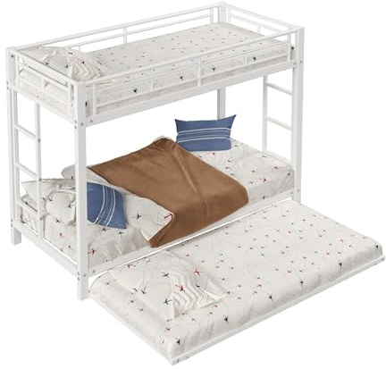 Azkoeesy DREI-Etagenbett für 3 Personen, Metall-Stockbett mit Ausziehbett, 2 Leitern, für Kinder und Erwachsene, 90x200 cm, weiß