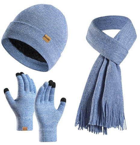 Enwokran Wintermütze Touchscreen Handschuhe Lang Schal Set Unisex Beanie Mütze Fleece Warme Haube Winterschal Kaschmir Strickmütze Strickschal mit Fleece Gefütterte Thermo Handschuhe (Hellblau)