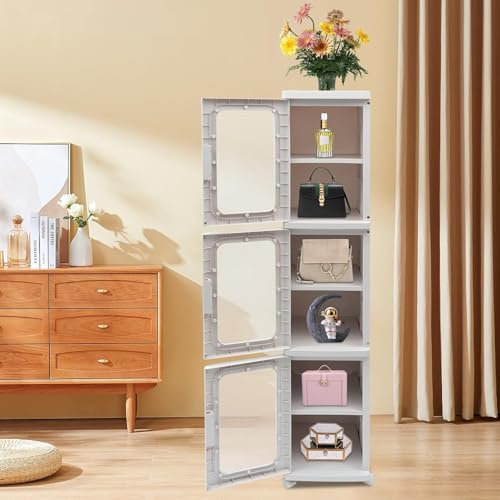 Suixtil Schmale Kommode (mit 4 Rollen), 3-Fach-Organisator, Bauch 24,5 * 28,5 * 126CM, Nischenschrank für Bücher, Bürobedarf, Snacks, Haushaltswaren und mehr.