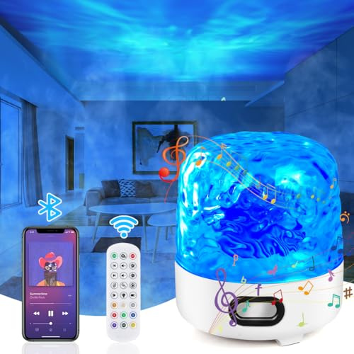 URAQT Projecteur d'Étoiles à LED 360° Rotatif, Projecteur Galaxie Vague Océanique avec Haut-Parleur Bluetooth, Veilleuse Ambiance 16 Modes Lumineux Télécommande, Cadeau pour Fête/Noël/Anniversaire