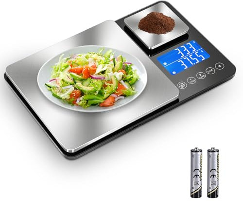 Drcowu Báscula de cocina digital de doble plataforma,1 g y 0,01 g de precisión, capacidad de 15 kg y 500 g, Ideal para alimentos, hornear, cocinar y joyas, Pantalla LCD y función de acumulación