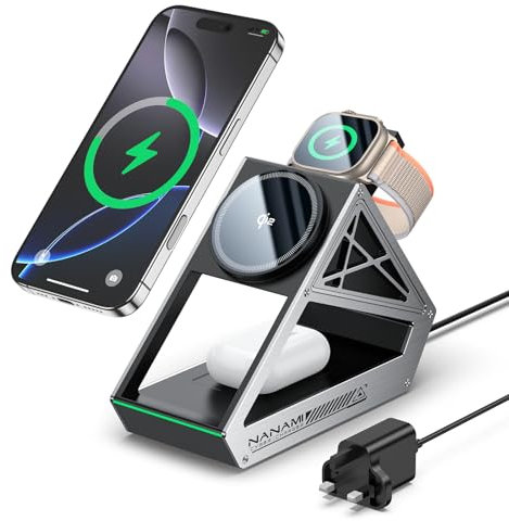 Wireless Charger 3 in 1 for Apple - 15W Fast Charging Station for iPhone 17 16 15 14 13 12, Qi2 Certified Charger Stand for iWatch AirPods magsafe charger, NANAMI Cybercharger with 30W USB C Charger