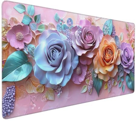 Gaming Mauspad XXL Rose Mousepad 1000x500x4mm Blume Verlängertes Mauspad Schreibtischauflage,Genähte Kanten Mauspad,Verbessert Präzision und Geschwindigkeit Wasserdicht Geeignet für Büro und Spiele