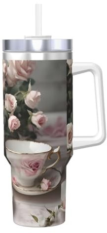 Tazze da tè con rose romantiche stampe shabby isolate in acciaio inox caldo/freddo tazza da caffè 40 once Ice Bully con manico
