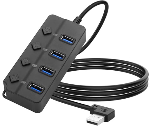 Hub USB a 90 gradi Splitter YACSEJAO Hub dati USB 2,0 con pulsante LED individuale On/Off Interruttore DC5,5 * 2,1 Porta di alimentazione per laptop, PC Computer (4 Porti, 1M)