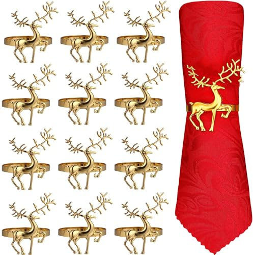 12 Stück Serviettenringe Weihnachten,4cm Rentier Serviettenhalter, Teiliges Set Von Weihnachts Rentier Serviettenringe Gold, Rentier Serviettenschließe für Weihnachten