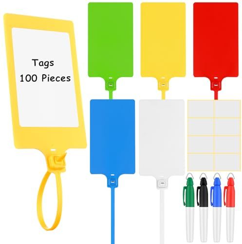 Etiquetas de plástico con rotuladores, 100 unidades, colores surtidos, etiquetas de plástico impermeables con marcadores y etiquetas adhesivas, etiquetas de plástico grandes impermeables para envío a