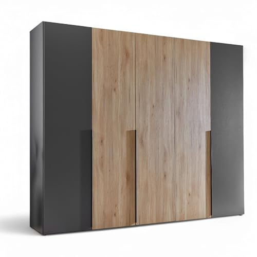 ASKA Kleiderschrank Schrank Drehtürenschrank Graphit Mauvella Eiche Optik | 249 x 210 x 53 cm (B/H/T), 5 Türen, 2 Kleiderstangen, Ablageböden, Stauraum für das Schlafzimmer