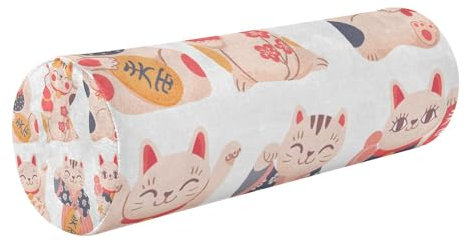 Almohada de yoga cervical para el cuello, almohada redonda, almohada decorativa, almohada de rodillo para la espalda, funda redonda con cremallera, gatos japoneses de la suerte