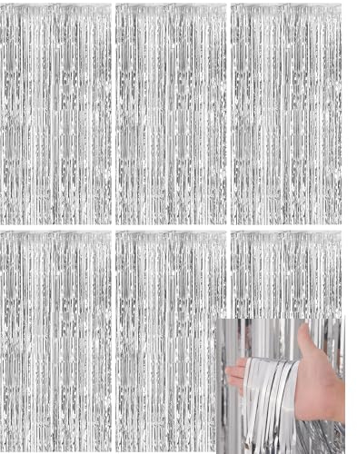 MingFontec 6 Stück Lametta Vorhang 1m x 2m, Glitzervorhang Lametta, Glitzer Party Vorhang, Folien Fransen Hintergrund fur Party Deko Geburtstagsdeko Hochzeit Festivals Bühnendekor (Silbrig)