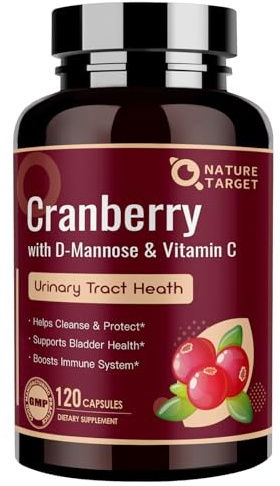 Nature Target Cranberry Pills with D-Mannose for Women - Super Strength 80:1 Extract - Cranberry Supplement with Vitamin C, Supports Urinary Tract Health, Bladder Control, 120 Veggie Capsules