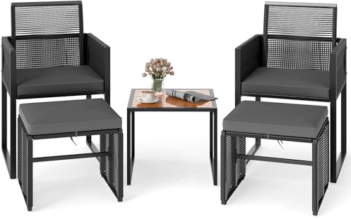 COSTWAY 5 Pezzi Set da Esterno in Rattan PE, Set Mobili da Giardino con Cuscini, Sedie Poggiapiedi e Tavolino da Caffè, Poltrone Lounge Salvaspazio per Balcone, Piscina e Cortile
