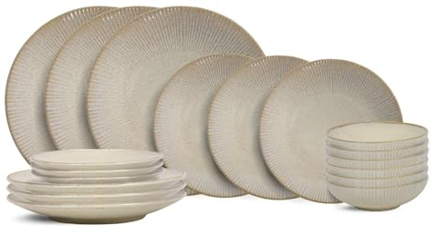 Cookinglife Coastal Lines | Service de Table 18 Pièces | Pour 6 Personnes | 6 Assiettes Plates, 6 Assiettes à Dessert, 6 Assiettes Creuses | Beige Océan | Compatible Lave-vaisselle, Micro-ondes, Four