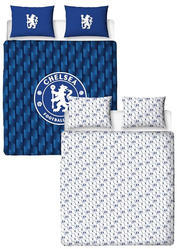 Chelsea FC Officially Licensed Double Duvet Cover Set, Geometric Design | Blue Reversible 2 Sided Football Bedding Cover Official Merchandise Including Matching Pillow Cases