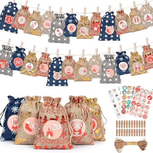 CUVZORA Calendario dell'Avvento da riempire, in tessuto, sacchetti regalo di Natale, per bambini e adulti, auto-riempibili con regali e caramelle, ideali per famiglie e scuole (C)