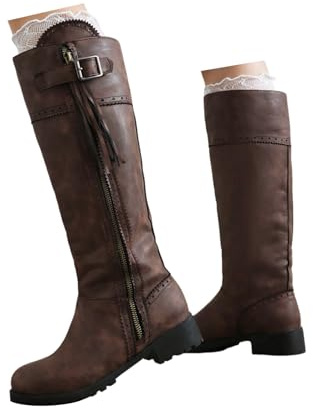 Xbemkste Stivali da equitazione da donna a gambo lungo con chiusura lampo e fibbia, punta tonda, frange, al ginocchio, elegante, autunno, inverno, vintage, da donna, marrone, 40 EU
