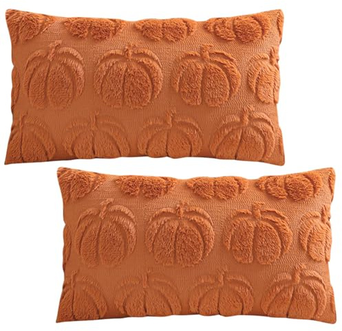 Huahuanghui 2 Stück Kürbis Kissenbezug Herbst 30x50cm Zierkissenbezüge Weicher Plüsch Sofakissen Bezug Kissenhülle Herbst Bettwäsche für Wohnzimmer Sofa Garten Schlafzimmer Outdoor