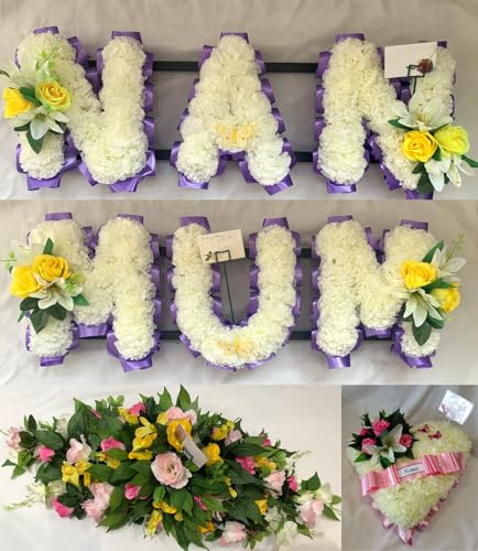Silky Bouquets Mum, Nan, Coffin Spray & Heart Silk Funeral Flower Package – Personalized 3 Letter Tributes, 24 Spray & 14 Heart | Custom Silk Funeral Flowers for Graves & Funerals