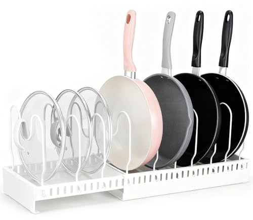 Voency Pots and Pans Organiser, Expandable Pans Organiser Rack,Pot Lid Holder with 10 Adjustable Dividers, Kitchen Cupboard Organiser,Cutting Board,Cast-iron Pan, Heavy Cookware (White)