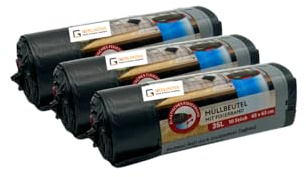 Gerlinova Fixierband Müllbeutel, dunkelgrau, 23 µm – Reißfeste Müllsäcke mit Fixierband – sicherer Halt am Mülleimer (35 Liter 3er)