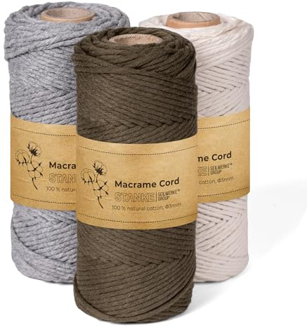 STANKE Set hilo macrame 3mm 3x100m - colores: Natural, Gris, Verde oliva - Cuerda algodon para boho DIY, cestas, atrapasueños - Cordon de algodon para posavasos, bolsos - 100% algodon, retorcido