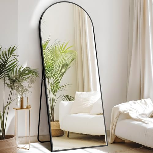 DUMOS 64x21 Arched Full Length Mirror with Stand Floor Free Standing Aluminum Frame for Bedroom Body Hanging Leaning Modern Simple Home Decor Shatter-proorf Nano Glass Wall, Black-Rounded