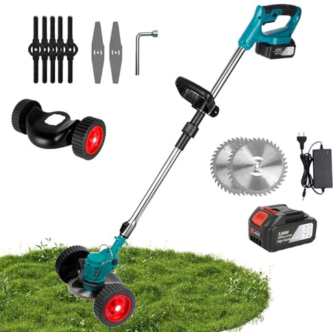 Wacker de mauvaises herbes sans fil électrique pliable avec 3 lames, tondeuse à gazon à hauteur réglable, alimentée par piles pour jardin, patio (1 batterie de 12 000 mAh, bleu)