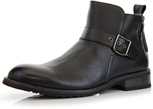 Ferro Aldo Dalton Men's Engineer Style Ankle Boot | Casual Side Zipper Boot with Buckle Strap | MFA606322 | in Black, Size 11