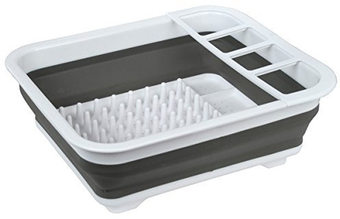 GLOW Collapsible Dish Drainer – Durable Compact Folding Portable Kitchen Sink Rack with Non Scratch Plate Grips and Cutlery Utensil Holders – Ideal for Home, Camping, Caravan & Travelling (Grey/White)